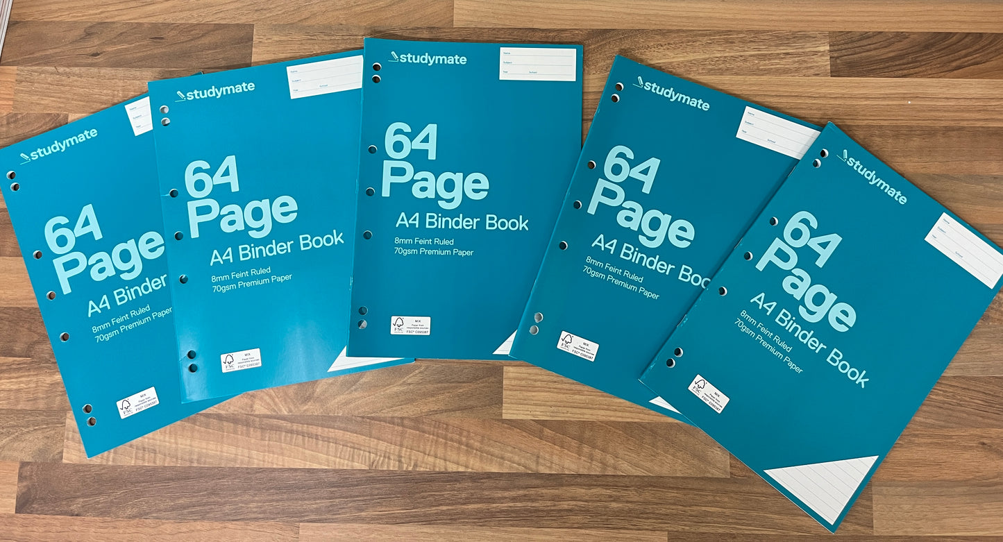 Pack of 5 Studymate A4 8mm 70gsm 64 Page Ruled Binder Books NEW