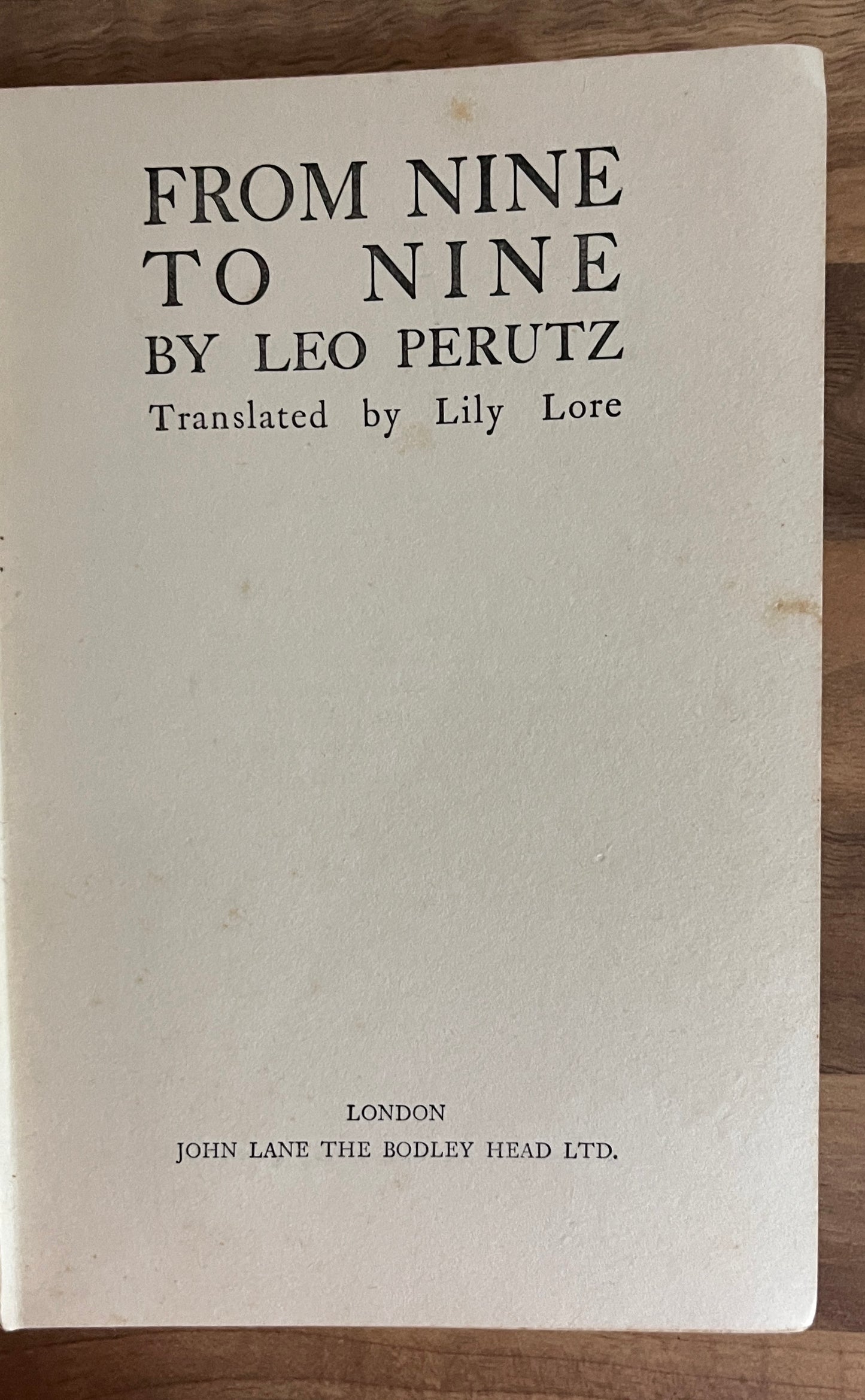 From Nine to Nine by Leo Perutz Hardcover 1st UK Edition 1927