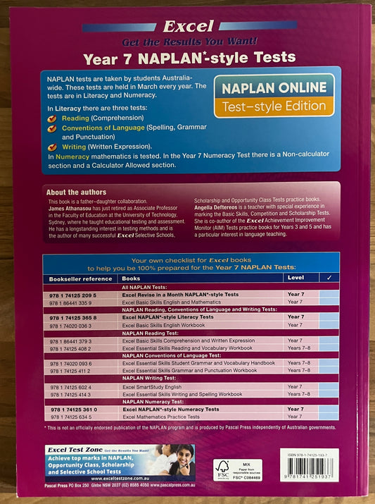 Excel - Year 7 NAPLAN*-style Tests by James Athanasou, Angella Deftereos, Revised 2020