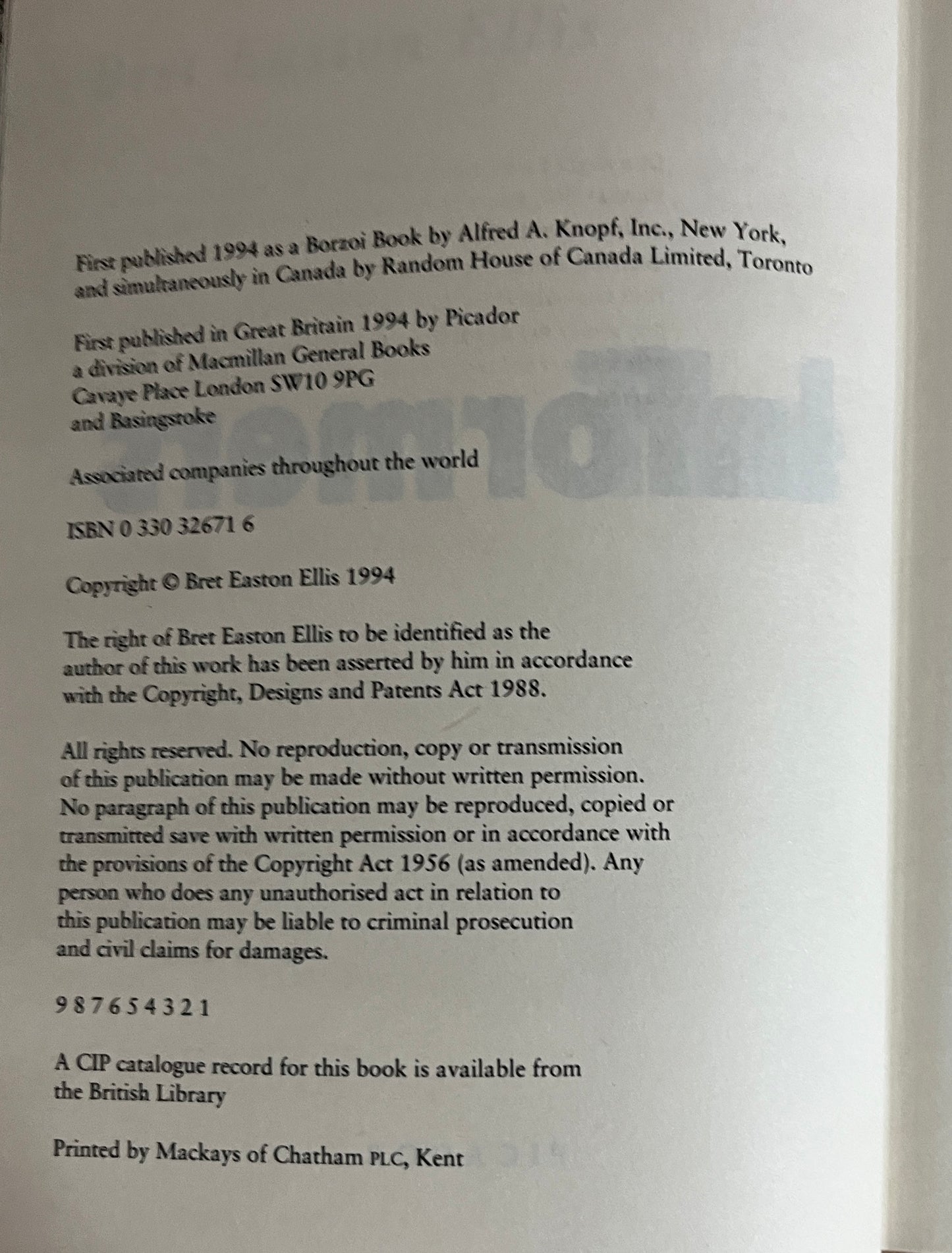 The Informers by Brett Easton Ellis Hardcover/Dust Jacket Picador, 1st Edition