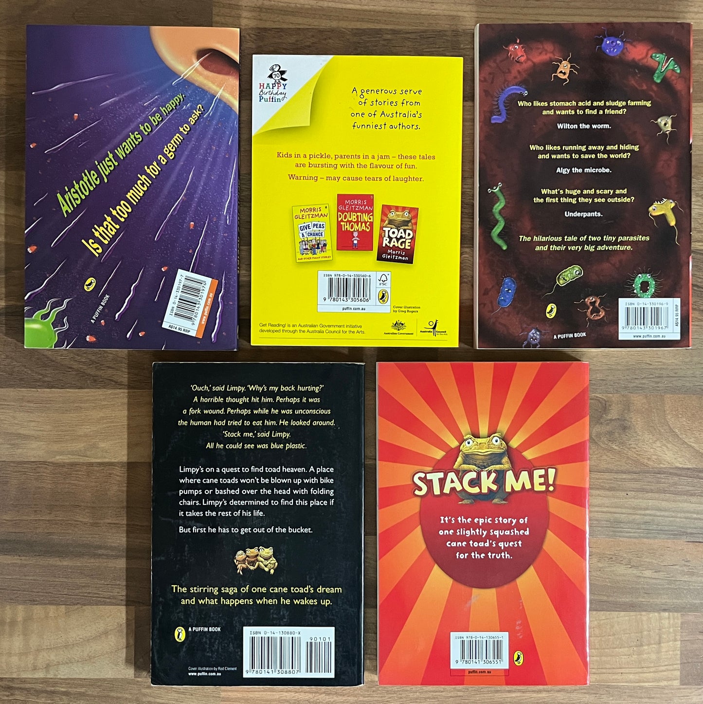 5 x Morris Gleitzman Titles Aristitle's Nostril, Worm Story, Toad Rage/Heaven, Tickled Onions