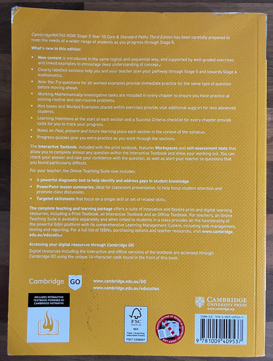 CambridgeMaths 10 Stage 5 - Core and Standard Paths Student Book + Digital 3rd Edition