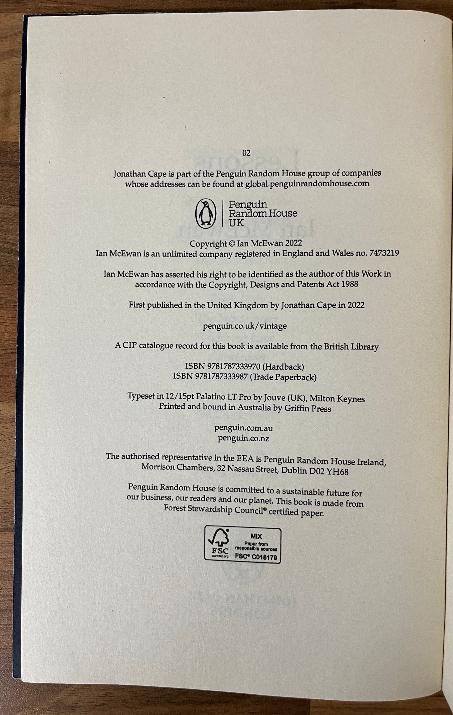 Lessons by Ian McEwan 2022 Trade Paperback