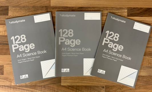 128pg Pack of 3 Studymate A4 70gsm 2mm Graph & 8mm Ruled Science Books
